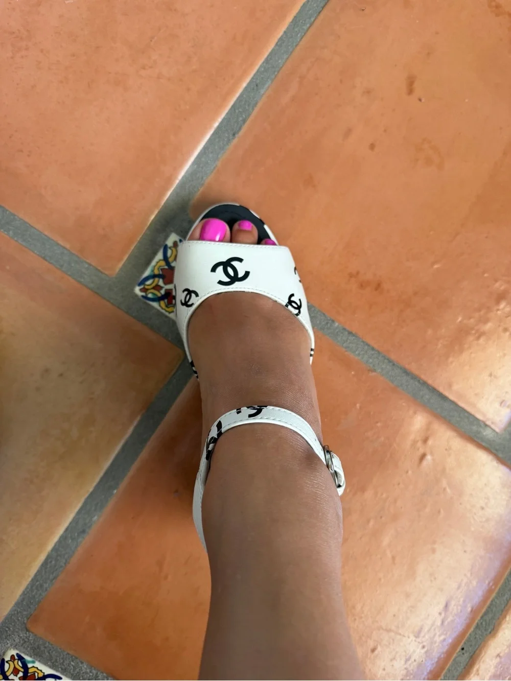Coco Chanel White Logo Print Block Heel Sandals - Women